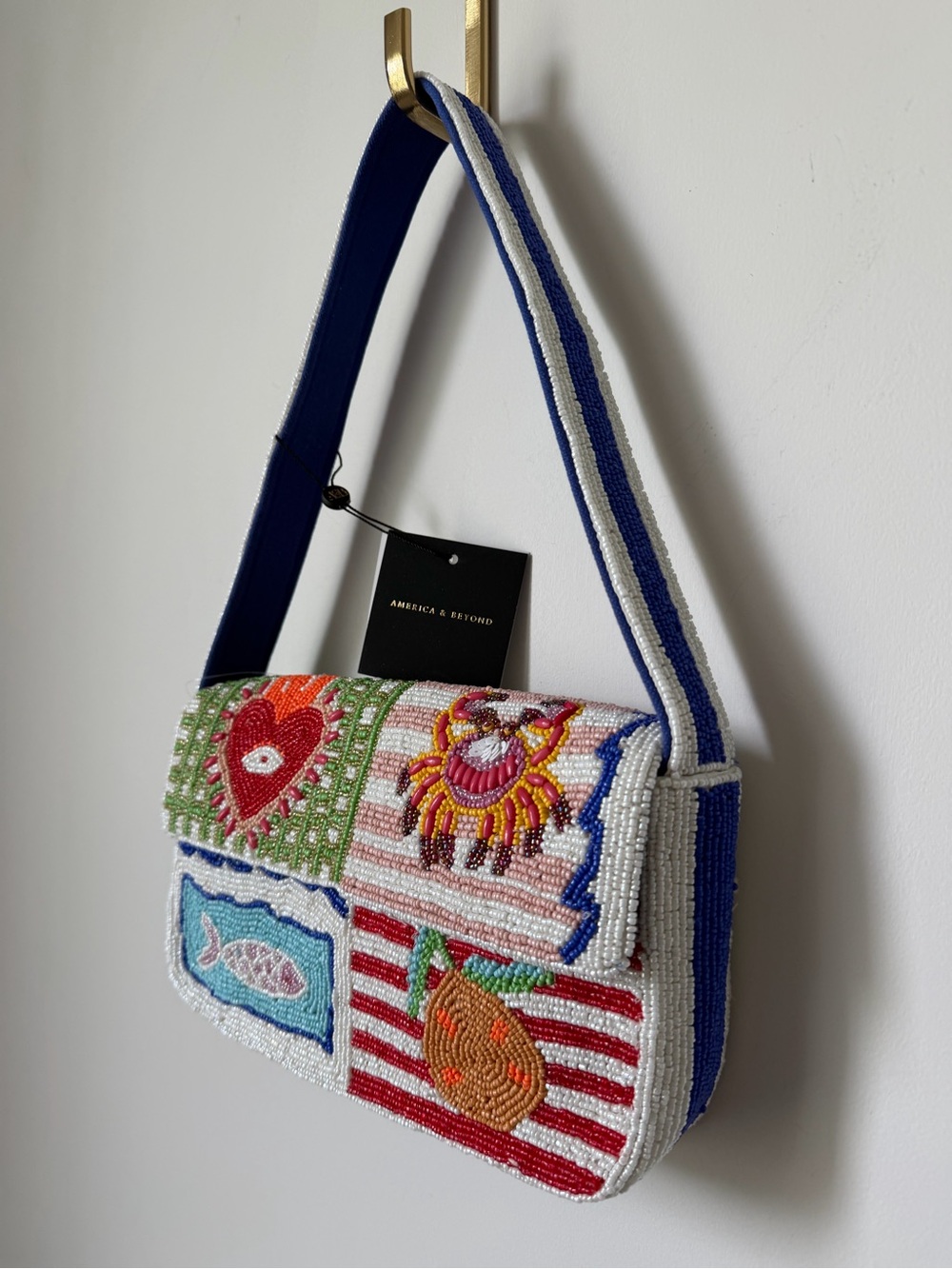 America & beyond Beaded fish crab colorful striped Shoulder Bag - Picture 2 of 8